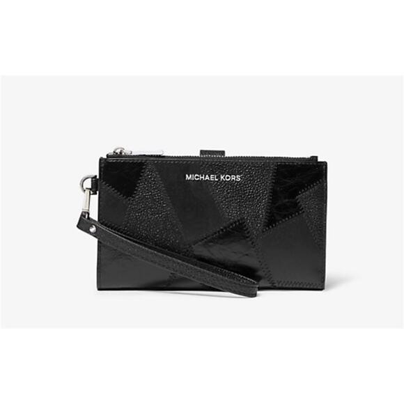 Michael Kors Adele Pebbled Leather and Snake Embossed Smartphone Wallet Black - Picture 1 of 7
